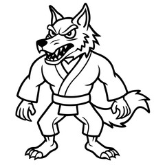 Angry Karate wolf White Background line art vector illustration