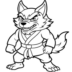 Angry Karate wolf White Background line art vector illustration