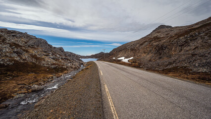nordic landscape inside the island of Mgeroya over the road from Honningsvag to Gjesvaer, North Cape, Norway