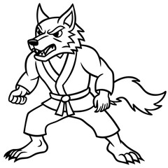 Angry Karate wolf White Background line art vector illustration