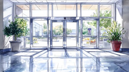 Watercolor hospital entrance with automatic doors, in a bright, welcoming scene.