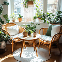 Fototapeta premium A serene boho minimalist coffee nook, featuring cozy rattan furniture that adds natural warmth to the space. A macrame hanging on the wall introduces a touch of artisanal charm, while an abundance 
