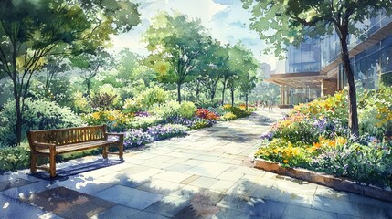 Watercolor hospital garden with flowers and benches, under soft sunlight.