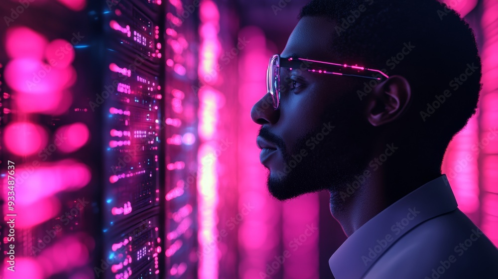 Poster ai cybersecurity threat concept banner, it specialist analyzing data in server room