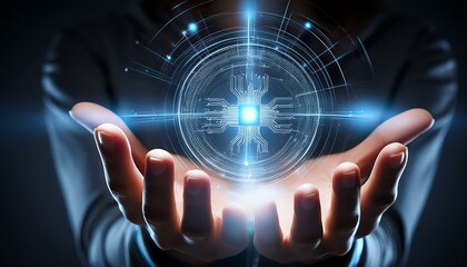Businessman is showing concepts of future technology and internet connection network with AI as controller. A graphic floated in the air on his hand. Data center network concept.