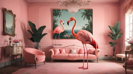 Generative AI image of a Flamingo in a Vintage Room