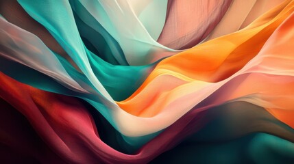 A vibrant, abstract composition showcasing colorful, flowing fabrics or waves with a mix of teal, orange, and red hues.