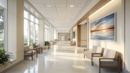 Watercolor hospital lobby with comfortable seating and calming artwork.