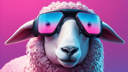 Generative AI illustration of futuristic sheep sports sleek VR glasses against a gradient blue to pink background creating a cyberpunk inspired look