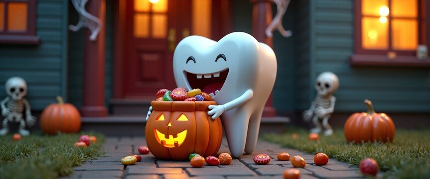 Smiling Tooth Character with Halloween Candy in Spooky Festive Scene