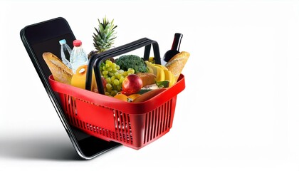 A hand holding a red basket comes out of the mobile screen, shopping online, business and technology idea concept.