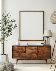Wooden Rustic Cabinet with Blank Poster Frame in Modern Living Room, mockup