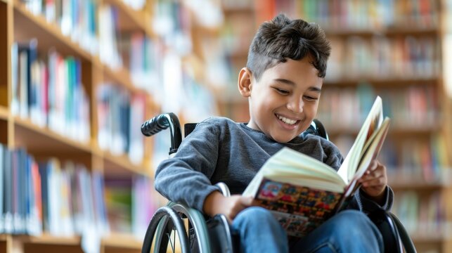 A joyful young boy in a wheelchair enjoys reading a book in a vibrant library filled with colorful shelves and books.