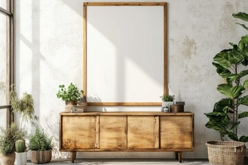 Wooden Rustic Cabinet with Blank Poster Frame in Modern Living Room, mockup