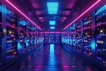 Fototapeta premium Modern Cryptocurrency Data Center with Neon LED Lighting