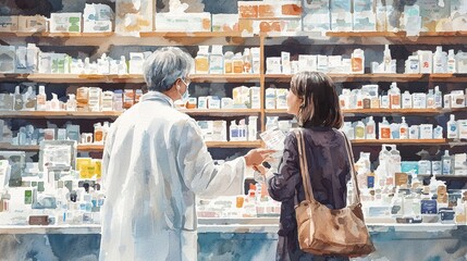 Obraz premium Watercolor hospital pharmacy with shelves of medicine and a friendly pharmacist.
