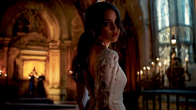 vampire bride in a church on halloween, spooky, scary, seductive, dark