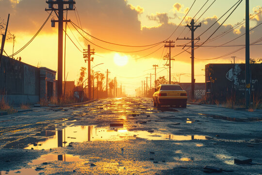 Abandoned urban street at sunset with a single yellow car, cracked pavement, and puddles reflecting the golden light