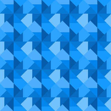 Seamless mosaic pattern consisting of triangular shapes arranged to resemble windmills in shades of blue. Suitable for graphic design, interior decoration, textile, fashion, print, wrapping, etc.