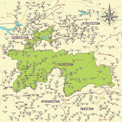 Fototapeta premium Map of Tajikistan vintage fantasy style