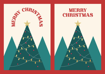 Christmas Card Design Template with Decorated Christmas Tree Illustration. Vector Design Concept for Merry Christmas Greeting Card with Festive Typography and Christmas Tree with Lights