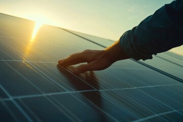 Close Up on Hand Of Professional Maintenance Engineer Touching Industrial Solar Panel Generating Electricity. with generative ai