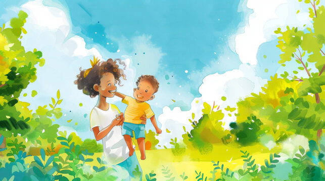 A vibrant watercolor illustration captures Tayo and the baby standing together, full of excitement as they look forward to their next adventure. Luka and Mina join them, 