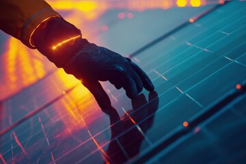 Close Up on Hand Of Professional Maintenance Engineer Touching Industrial Solar Panel Generating Electricity. with generative ai
