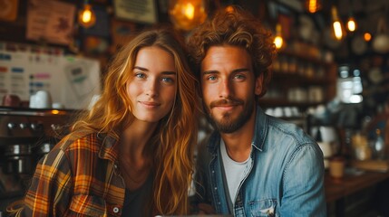 Obraz premium Charismatic couple sharing an intimate cozy moment together at a lively bar or restaurant setting The image evokes a sense of romance friendship and mystery