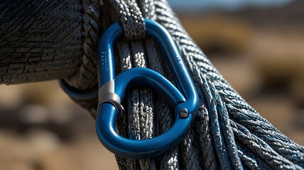 Safety Harness and Heavy-Duty Carabiner Attached to Steel Cable in High-Altitude Work Environment2