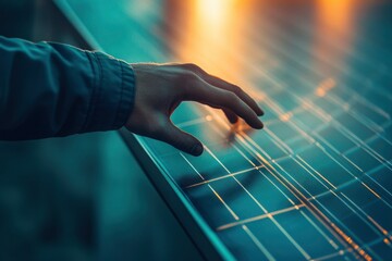 Close Up on Hand Of Professional Maintenance Engineer Touching Industrial Solar Panel Generating Electricity. with generative ai