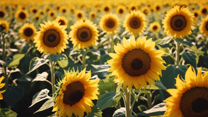 Fototapeta premium Field of sunflowers to the horizon with a beautiful sunset in the background