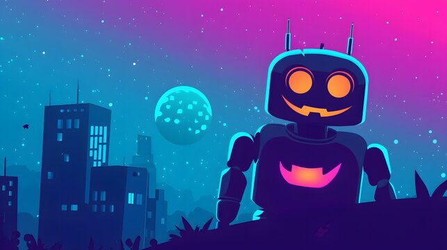 A futuristic robot stands against a neon cityscape, with a glowing moon in the background.
