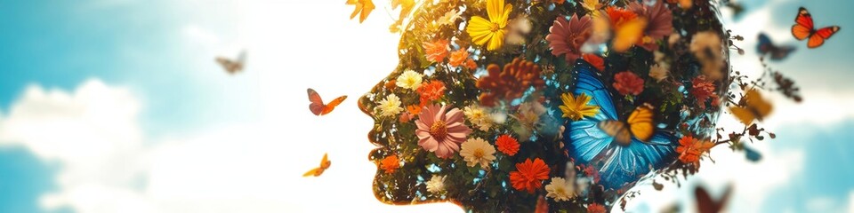Blossoming Mind: Abstract Tree of Life with Flowers and Butterflies. Creative Thinking and Mental Wellness Concept. Feminine Empowerment through Positive Psychology. Elegant Minimalist Design for Mark