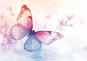 A PINK and BLUE butterfly, watercolor style, hand drawn.