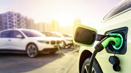 Electric vehicle charging station in focus with several cars in the blurred background, electric vehicle, charging station, green energy