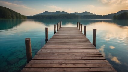 Wooden Dock Extending into Calm Lake with Mountains in the Distance