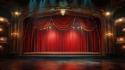 Dramatic Theater Stage with Rich Red Curtains and Spotlight Before Performance