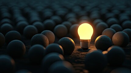 3D rendering of a single glowing light bulb among many dark, closed bulbs in a dim area, with ample space for creative text
