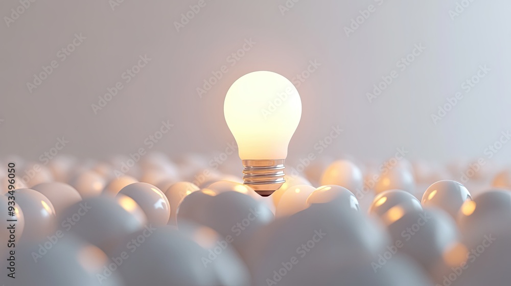 Fototapete 3d rendering of a single glowing light bulb among a field of white background bulbs, with clear spac