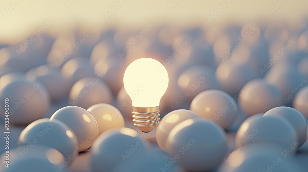 Fototapete 3d rendering of a single glowing light bulb among a field of white background bulbs, with clear spac