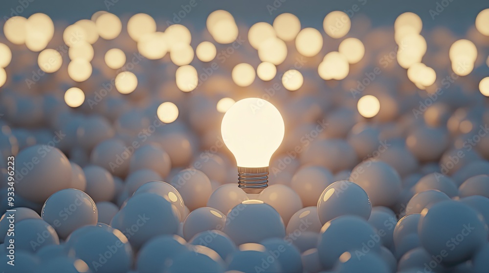 Fototapete 3d rendering of a single glowing light bulb among a field of white background bulbs, with clear spac