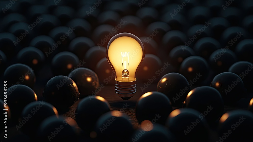 Fototapete 3d rendering of a single glowing light bulb among many dark, closed bulbs in a dim area, with ample 