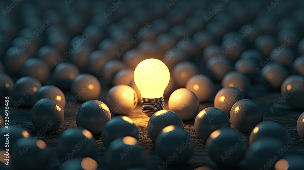 Fototapete 3d rendering of a single glowing light bulb among many dark, closed bulbs in a dim area, with ample 