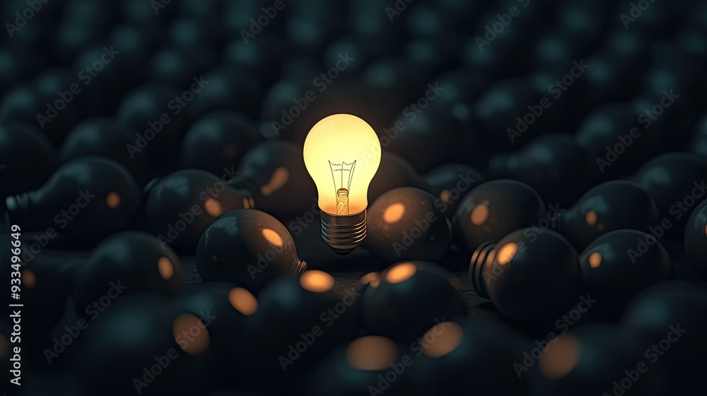 Fototapete 3d rendering of a single glowing light bulb among many dark, closed bulbs in a dim area, with ample 