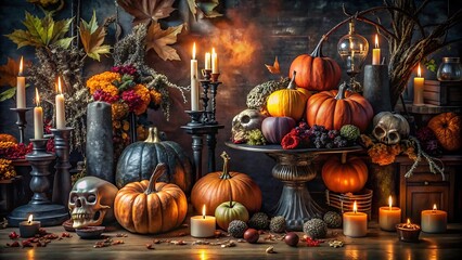 A spooky Halloween still life featuring carved pumpkins, flickering candles, and eerie skulls. Perfect for setting the mood for a fright night.