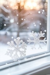 Pristine snowflakes delicately rest on a clear glass windowpane, their intricate patterns visible against the cold glass