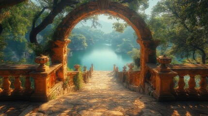 Stone Archway Leading to a Serene Lake