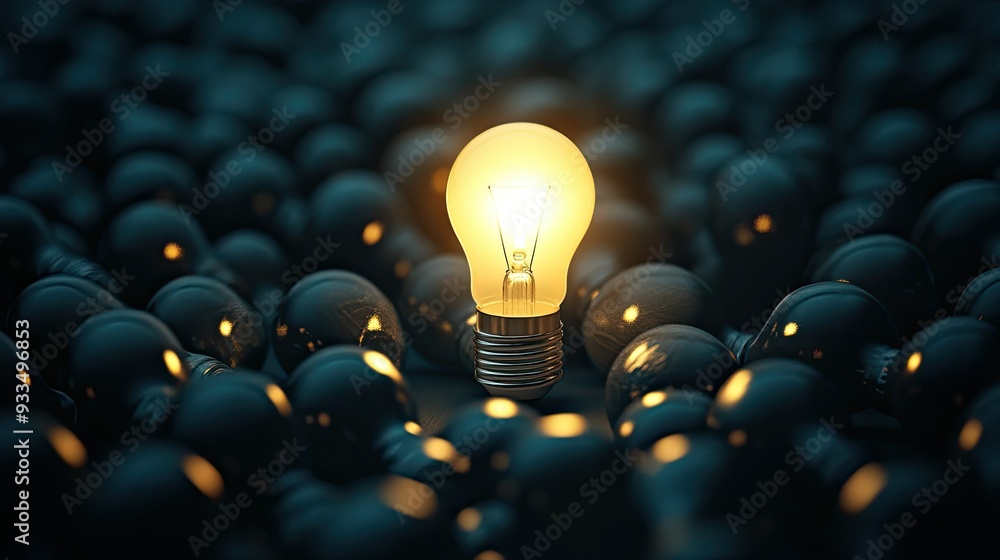 Fototapete 3d rendering of a single glowing light bulb among many dark, closed bulbs in a dim area, with ample 