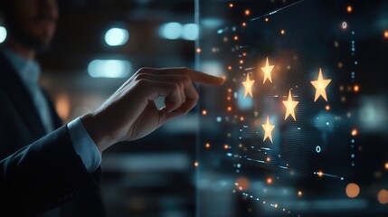 A virtual screen for a customer service review and performance review of efficient work or a business plan using online technology, against a dark blue background with copy space